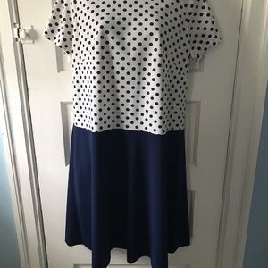 Vintage 60’s ~ 70’s Blue & White Polka Dot Polyester Dress Sz XL